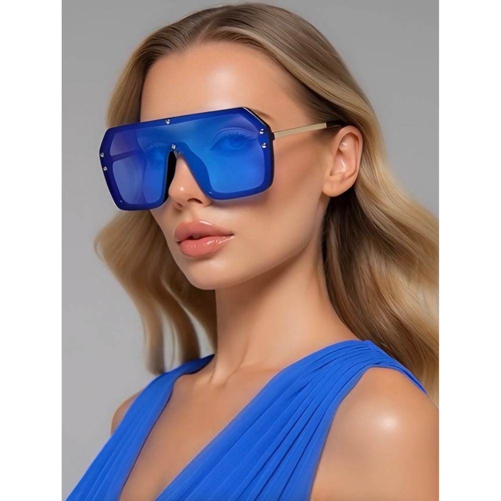 Women Shield Sunglasses Blue Mirrored Lens Rivet Accents Fashion Statement Ladys